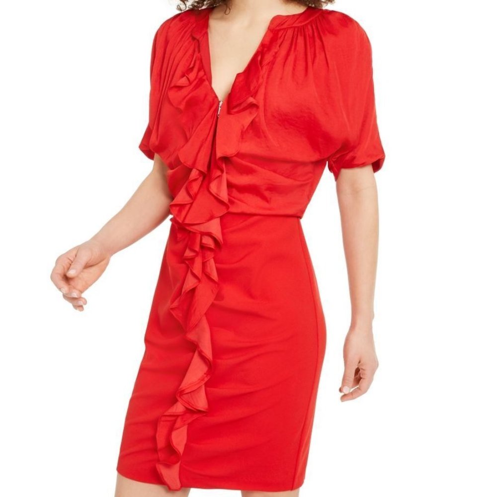 NWT INC International Concepts Red Ruffle Satin Crepe Sheath Dress, Sz L
